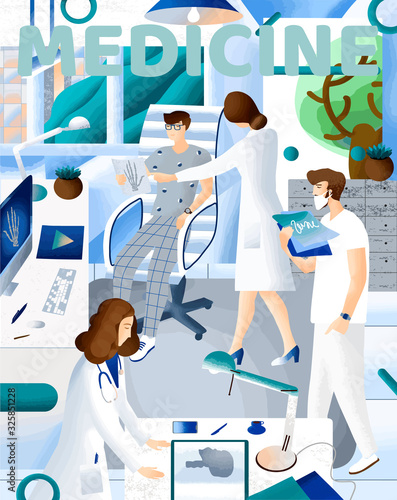 Vector illustration with medical procedure, diagnosis, doctors and patient