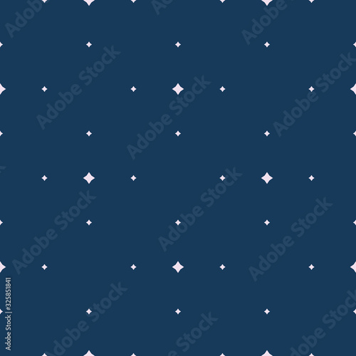 Subtle vector seamless pattern with tiny diamond shapes, small stars, rhombuses, dots. Simple minimalist geometric background. Abstract minimal texture in dark blue and lilac color. Delicate design
