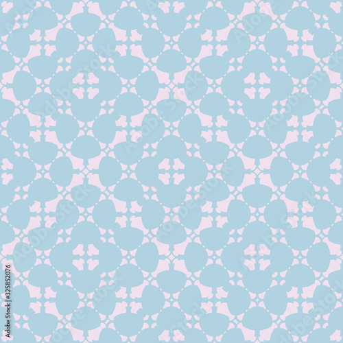 Elegant abstract floral seamless pattern. Subtle geometric ornament in soft pastel colors, light turquoise and lilac. Simple background with flower silhouettes, curved shapes, grid, net, repeat tiles