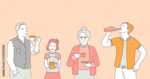 People drinking coffee, tea and soda vector cartoon illustration.