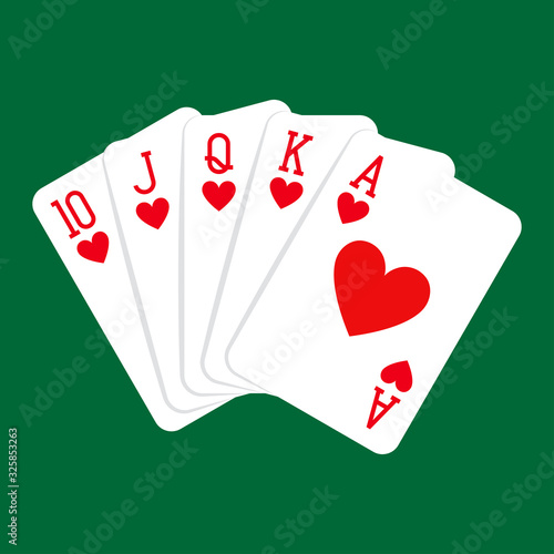 Royal flush hand of hearts, playing cards deck colorful illustration. Poker cards, jack, queen, king and ace vector.