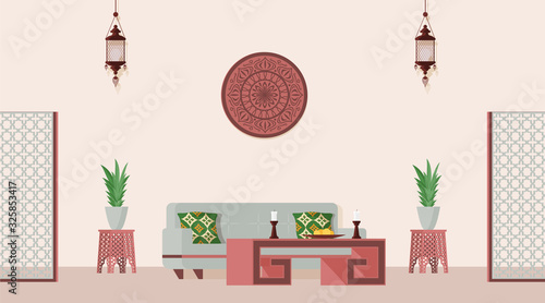 Oriental style decorated living room. Vector flat illustration of Arabian or Indian style designed room.