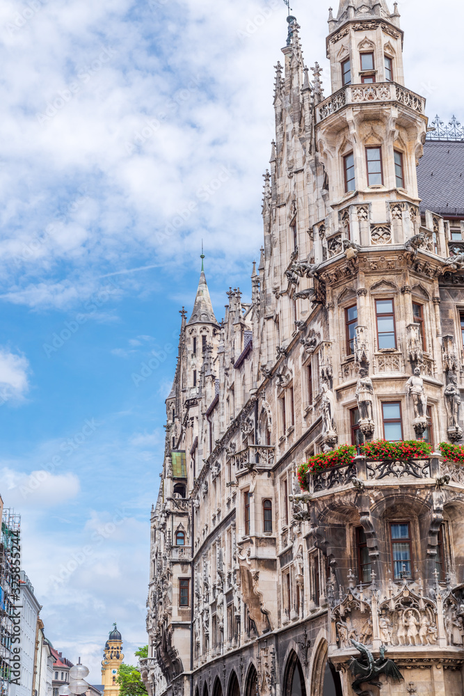 Obraz premium View to Tops of Majestic Historical buildings in the center of Munich, Germany.