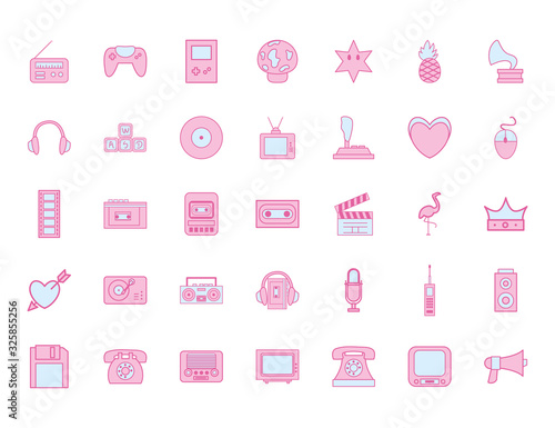 neon line and fill style icon set vector design