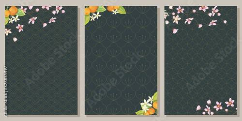Set of cards with tangerines and pink flowering branches