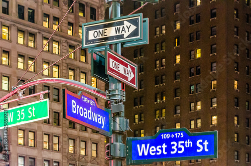 New York City Manhattan Street Signs at Night. Broadway and West 35th St. Buildings in Background. Manhattan, New York City, USA 