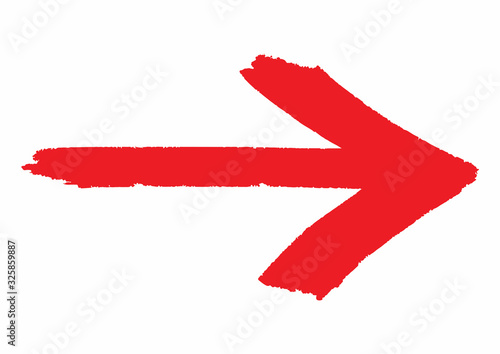 Red grungy arrow direction sign painted with hand brush over white transparent background. Vector illustration.