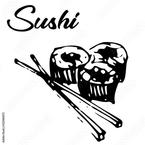 Vector illustration of sushi sticks and maki rolls with rice and fish