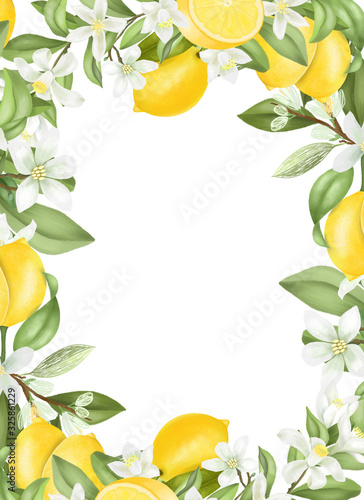 Card template, frame of hand drawn blooming lemon tree branches, flowers and lemons on white background