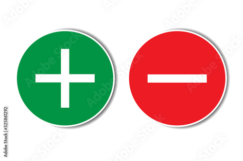 Positive negative plus minus assessment red green buttons with shadow. Simple concept pros cons list, advantages disadvantages in business planning. Vector illustration.