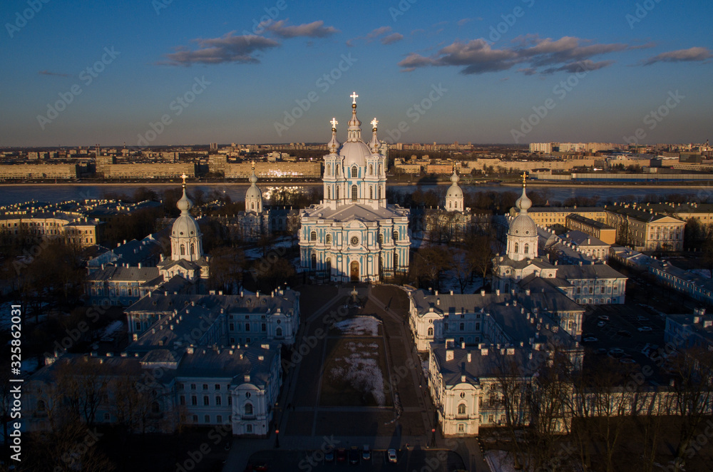 Smolny Convent or Smolny Convent of the Resurrection (Voskresensky), located on Ploschad Rastrelli, on the bank of the River Neva in Saint Petersburg, Russia.