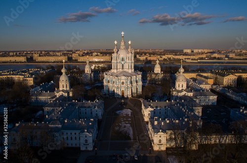 Smolny Convent or Smolny Convent of the Resurrection (Voskresensky), located on Ploschad Rastrelli, on the bank of the River Neva in Saint Petersburg, Russia. photo
