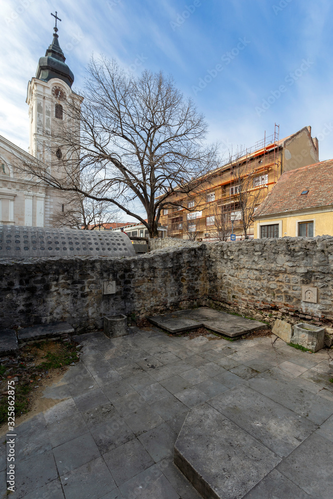 Obraz premium Ruins of Memi Pasa's Bath with the Francisan Church in the background in Pecs