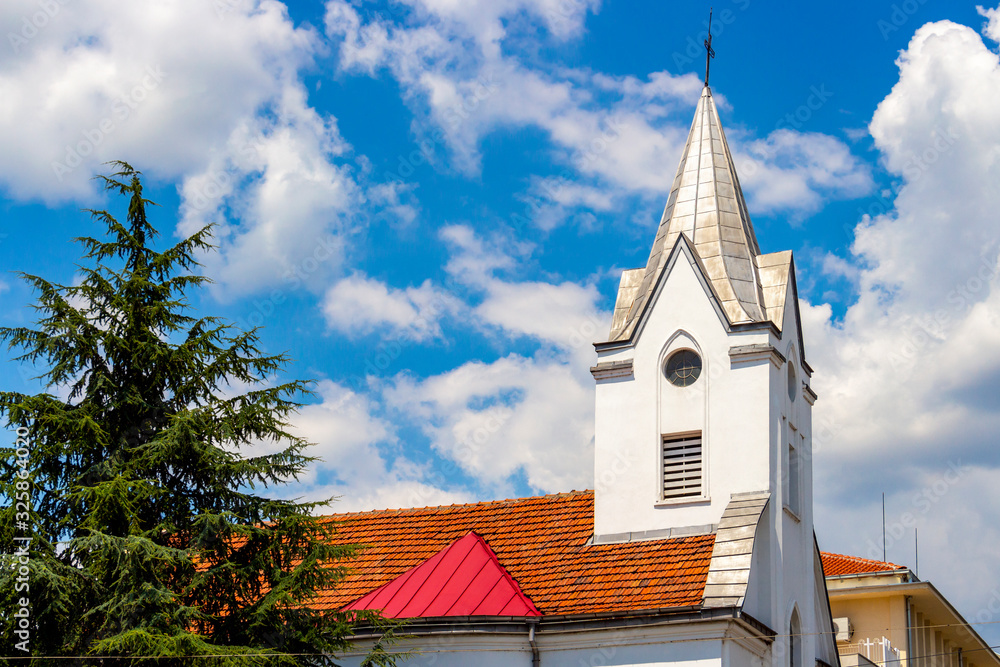 Obraz premium Evangelical Baptist Church bell tower from 1884 in Kazanlak, Stara Zagora Province, Bulgaria