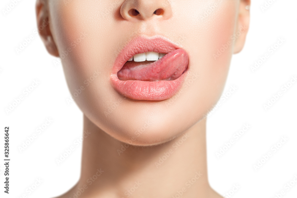 Woman S Tongue Seductively Licking Lips Beautiful Chubby Lips Seduction Concept Stock Foto