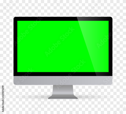 Realistic desktop computer monitor with green screen and checkerboard background. Illustration vector illustrator Ai EPS