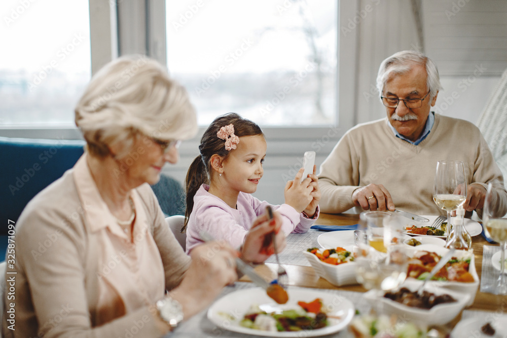 Cute girl using cell phone while having lunch with grandparents in dining room. Cute girl using cell phone while having lunch with grandparents in dining room.