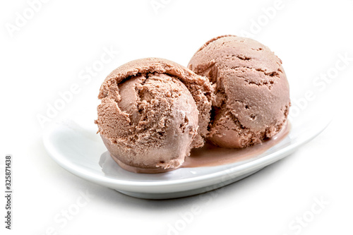 two chocolate ice cream scoops close-up with porcelain saucer isolated on white background 