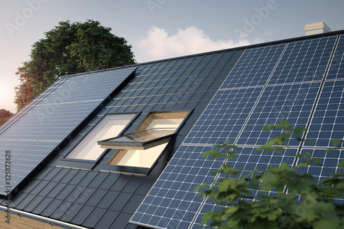 Solar panels on the roof, 3D illustration photo