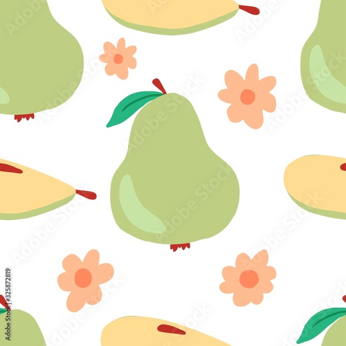 Seamless pattern of green pear with leaf, flower. Pear of simple trendy cartoon style for natural food, fruit, kids walppaper, textile, design. Vector illustration.