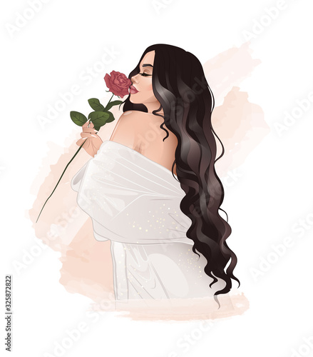 beautiful lady wth wavy long hair holding rose flower 
