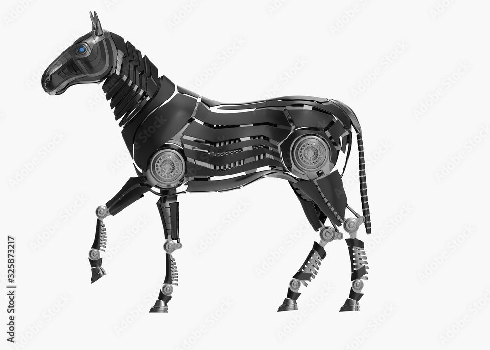 Black mechanical horse in movement on white background. 3D rendering ...