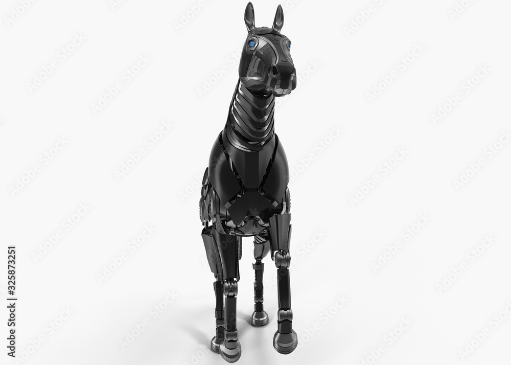 Black mechanical horse in movement on white background. 3D rendering Black mechanical horse in movement on white background. 3D rendering