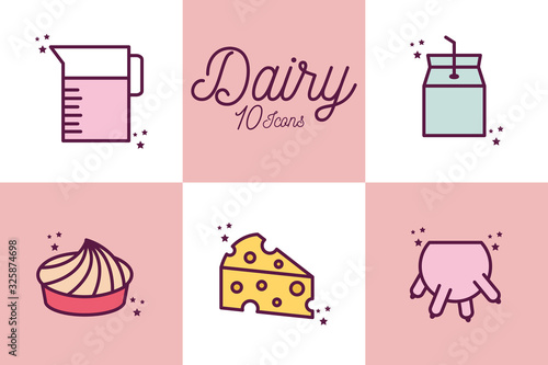 Isolated 10 dairy line and fill style icon set vector design
