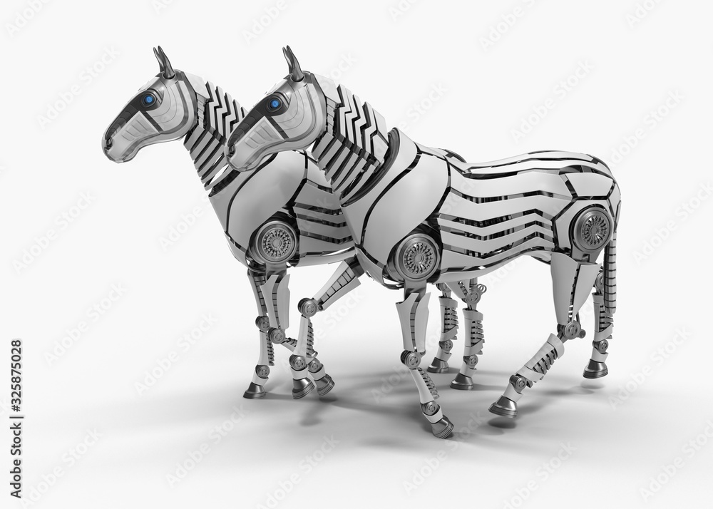 White mechanical horse in movement on white background. 3D rendering