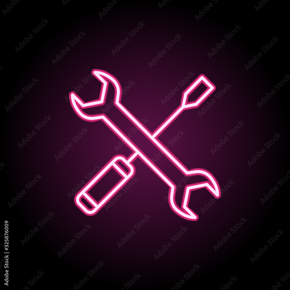 Screwdriver and wrench neon icon. Simple thin line, outline vector of web icons for ui and ux, website or mobile application Screwdriver and wrench neon icon. Simple thin line, outline vector of web icons for ui and ux, website or mobile application