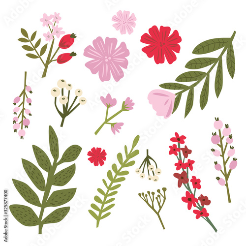 Floral bouquet of hand drawn fantasy folk flowers. Botanical illustration in flat cartoon style. Great as banner, print and card. Vector