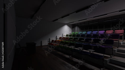 Dimly Lit Lecture Hall with Multi Colored Desks 3D Rendering