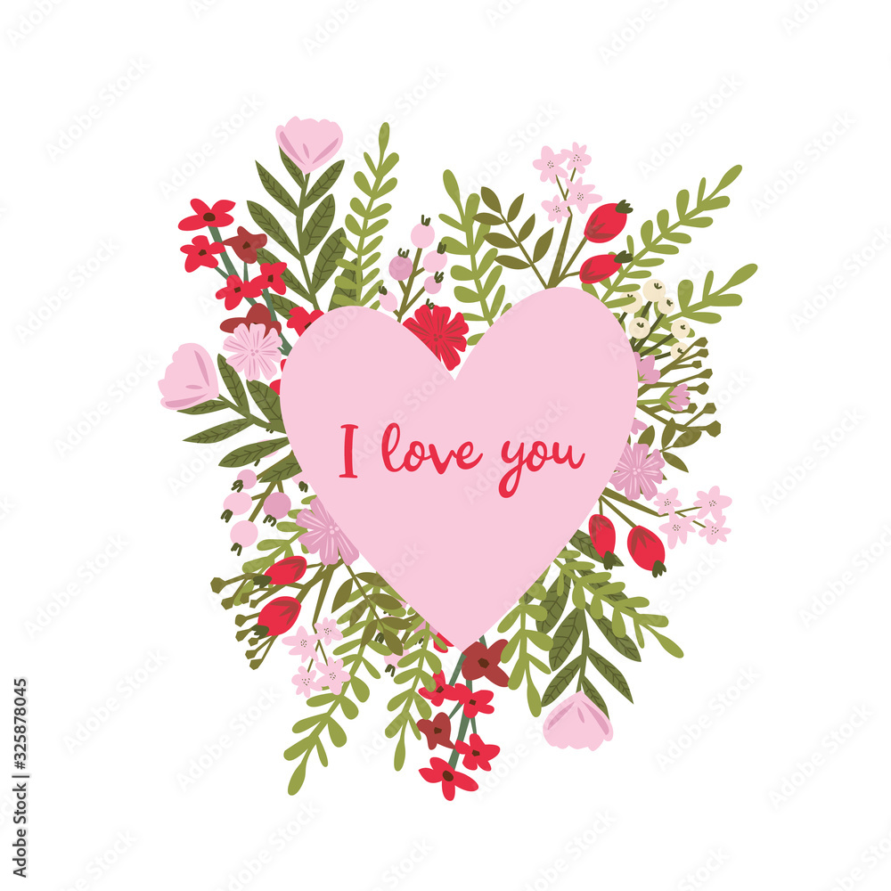 Bright heart made of flowers in vector. Romantic cartoon invitation card. Stylish design element in bright colors