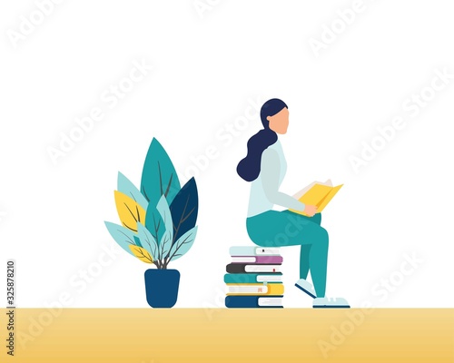 People with books. A woman is sitting on a stack of books and reading a book. vector