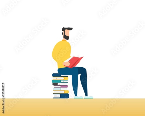 People with books. Man is sitting on a stack of books and reading a book. vector