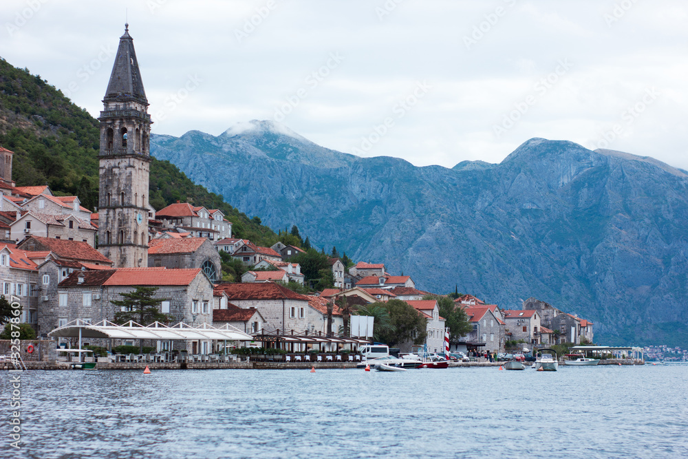 Beautiful view of historic city of Perast town in Kotor bay, Montenegro. Famous travel destination.