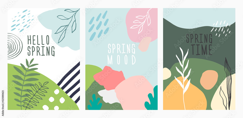 Spring memphis design posters set. Abstract geometric shapes background. Green vector illustration. Posters, covers, flyers, banners template