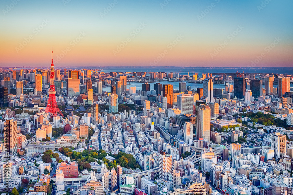 Spectacular View of Tokyo Skyline at Blue Hour in Japan with Renowned Tokyo Tower At Background.