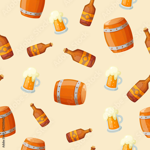 Irish drinks beer whiskey bottles, kegs and mugs.