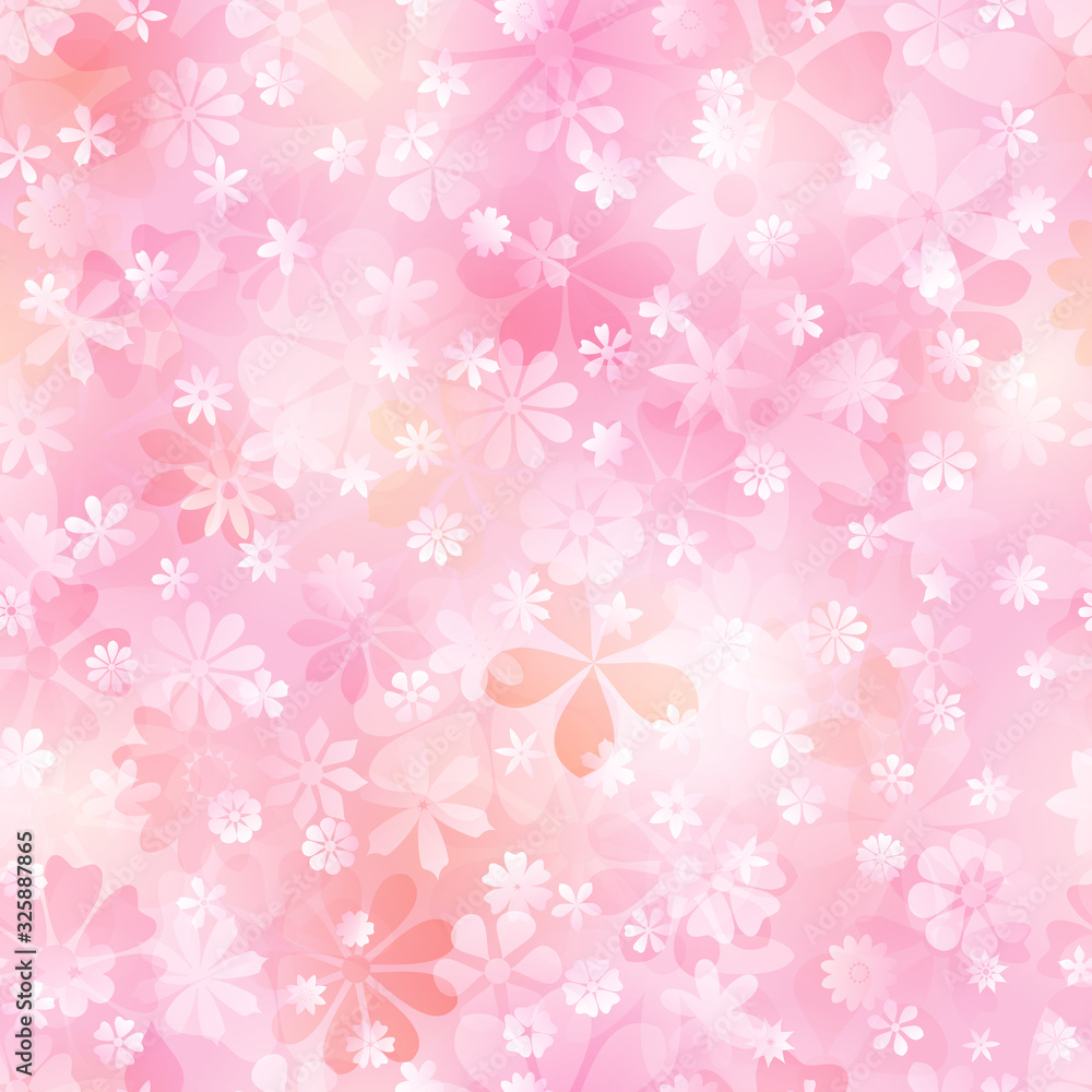 Spring seamless pattern of various flowers in pink and peach colors
