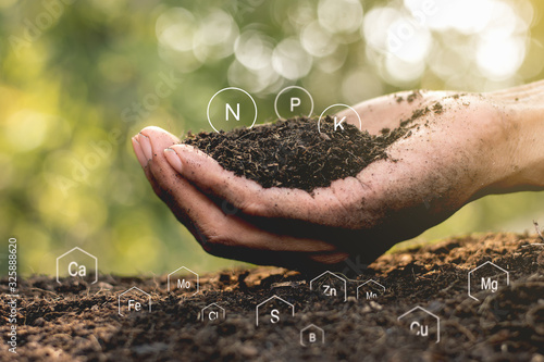 Men's hands are surrounded by rich soil with all the elements needed to grow, while digital icons represent the elements.