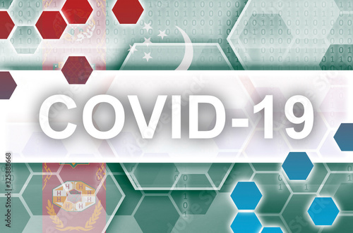 Turkmenistan flag and futuristic digital abstract composition with Covid-19 inscription. Coronavirus outbreak concept photo