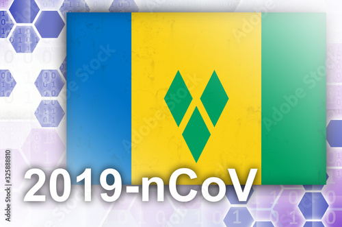 Saint Vincent and the Grenadines flag and futuristic digital abstract composition with 2019-nCoV inscription. Covid-19 outbreak concept photo