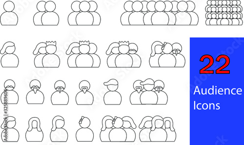 Set of 22 Audience Icons representing first party, second party, third party, male audiences, female audiences, all-male audience icons, all-female audience icons, and mixed gender audience icons.
