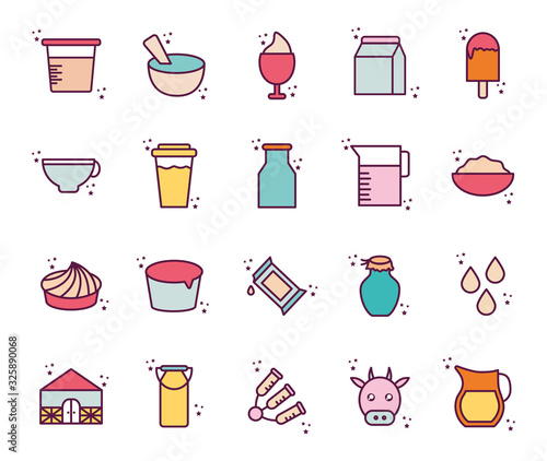 Isolated dairy line and fill style icon set vector design