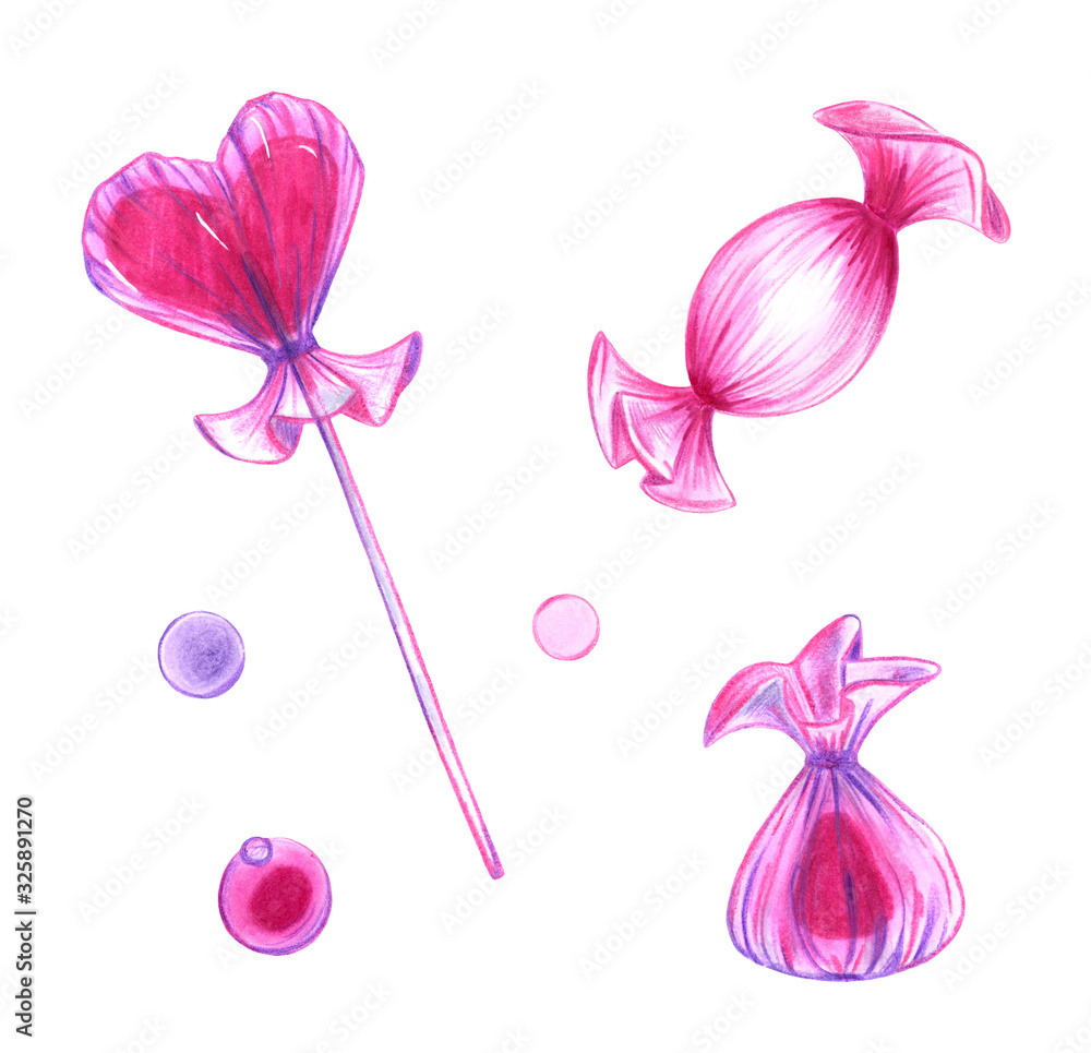 Candy set in a delicate pink, transparent package, drawn with markers and colored pencil. It is made in pastel colors, isolated on a white background. Packaging of sweets, illustration of books, menu. Candy set in a delicate pink, transparent package, drawn with markers and colored pencil. It is made in pastel colors, isolated on a white background. Packaging of sweets, illustration of books, menu.