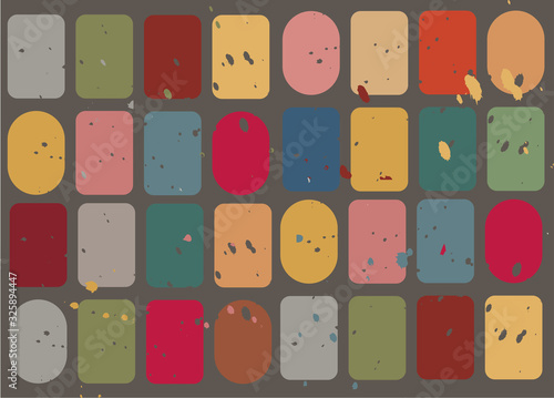 Abstract geometric vector seamless pattern inspired by mid-century modern fabrics. Simple shapes and lines in retro pastel colors and textured background. Clipping mask is used for easy editing.