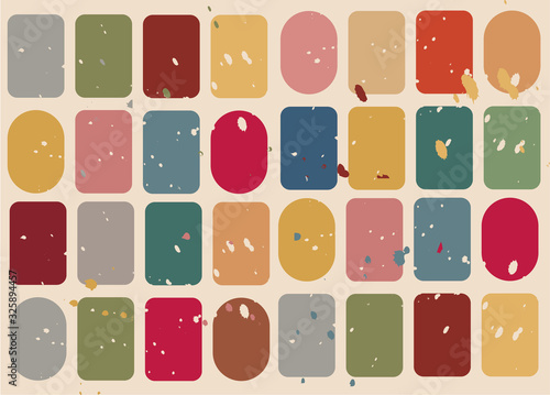 Abstract geometric vector seamless pattern inspired by mid-century modern fabrics. Simple shapes and lines in retro pastel colors and textured background. Clipping mask is used for easy editing.