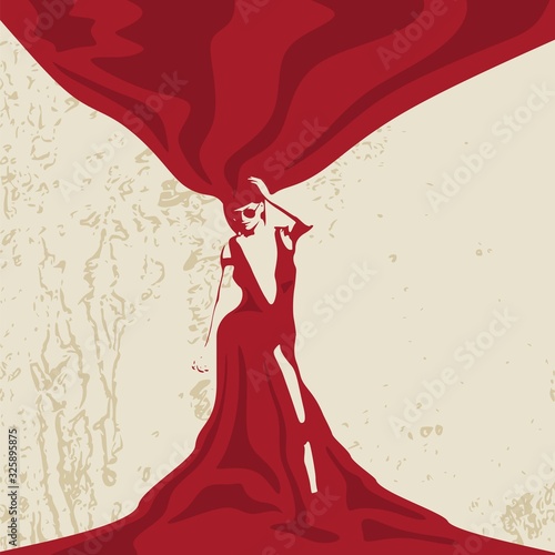 Sexy woman silhouette in evening dress. Young lady wearing sunglasses and rise her hand to head. Grunge backdrop