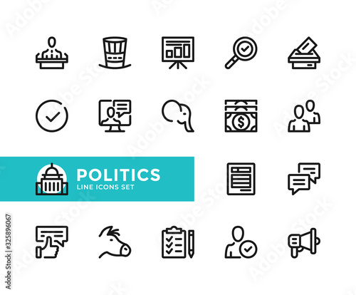 Politics vector line icons. Simple set of outline symbols, graphic design elements. Pixel Perfect
